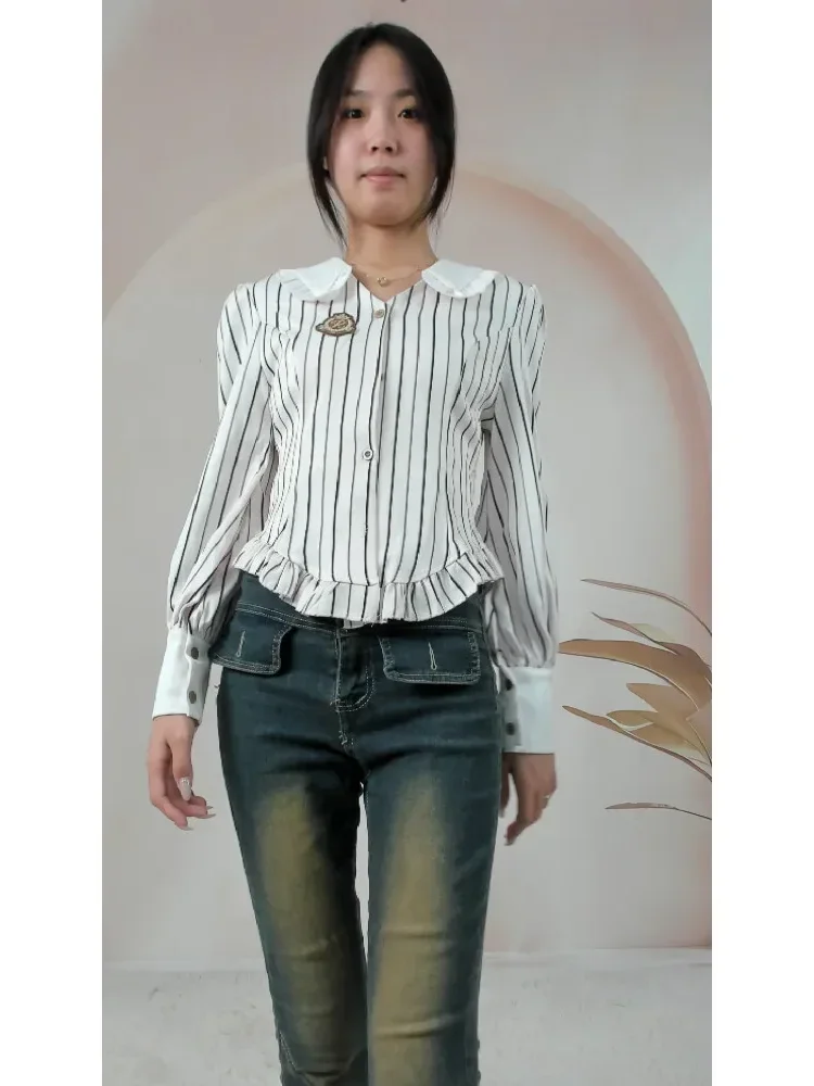 FADFAD Atasan lengan panjang slim fit garis-garis untuk wanita
