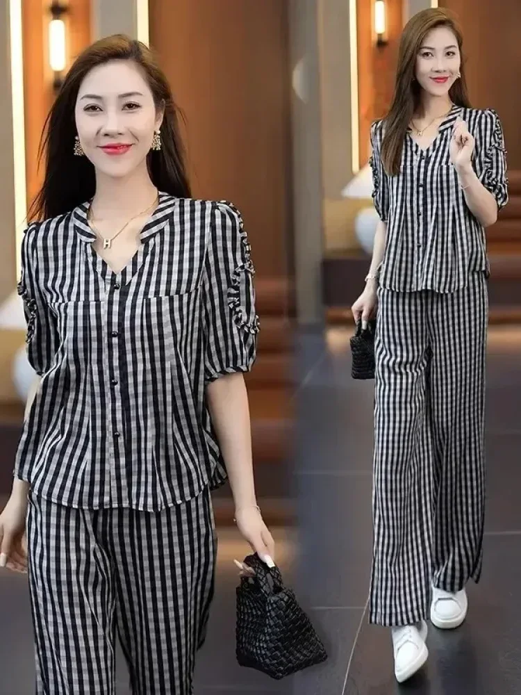 FADFAD Setelan dua potong modis wanita dengan atasan kotak-kotak dan celana panjang