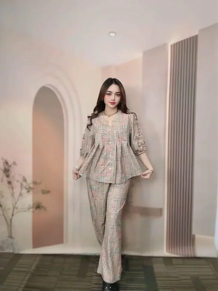 FADFAD Setelan dua potong modis wanita dengan atasan kotak-kotak dan celana panjang