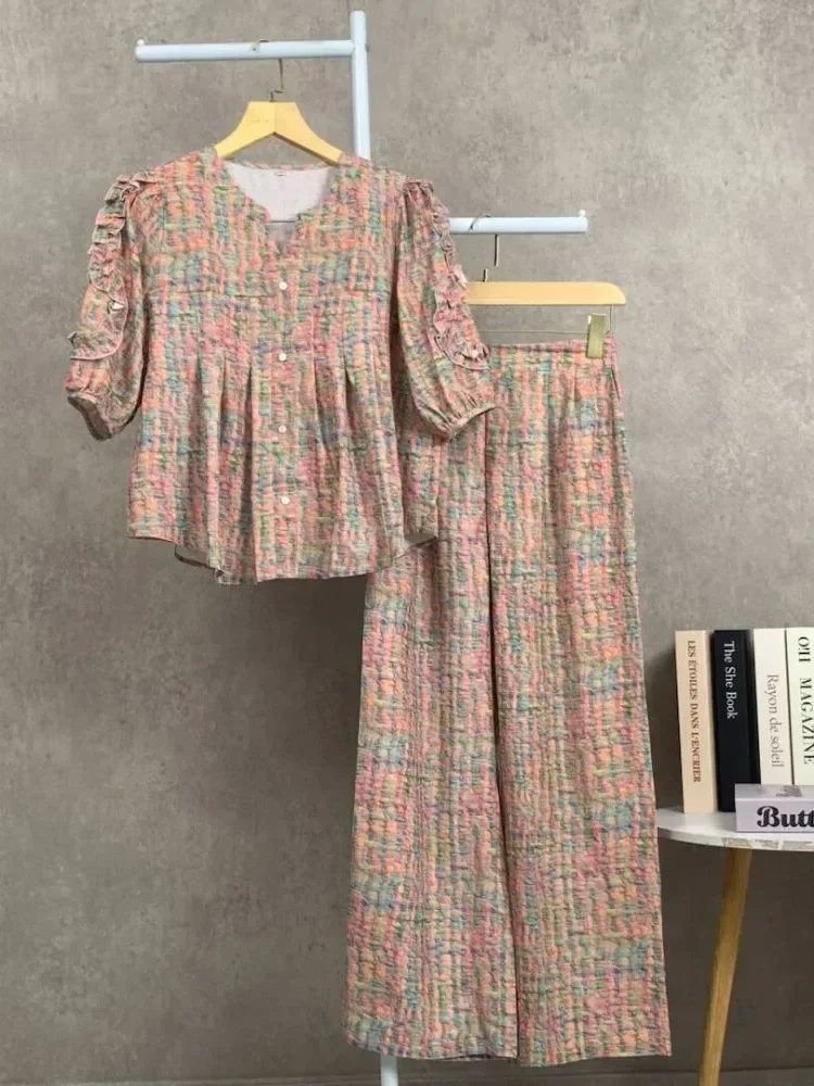 FADFAD Setelan dua potong modis wanita dengan atasan kotak-kotak dan celana panjang