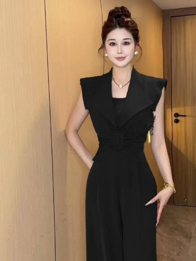 [DISKON KILAT]FADFAD Jumpsuit gaya elegan tanpa lengan dengan model leher kotak dan celana panjang