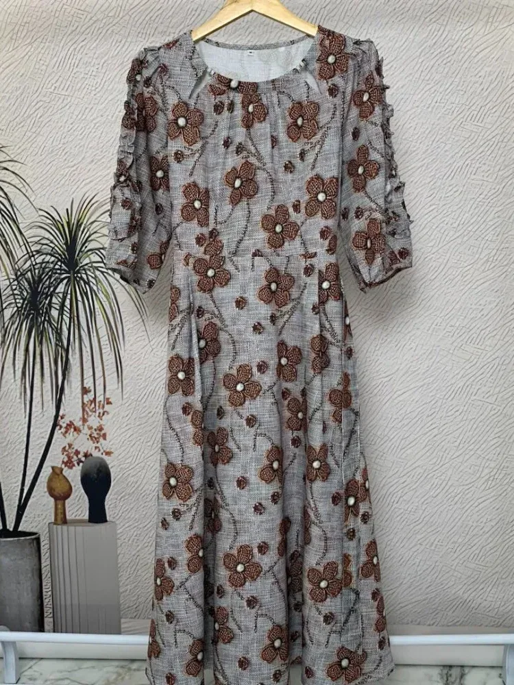 FADFAD Gaun lengan panjang model balon motif cetak unik dengan bentul leher u