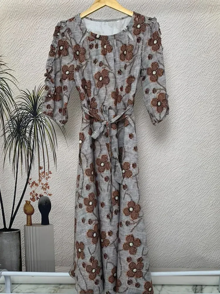 FADFAD Gaun lengan panjang model balon motif cetak unik dengan bentul leher u