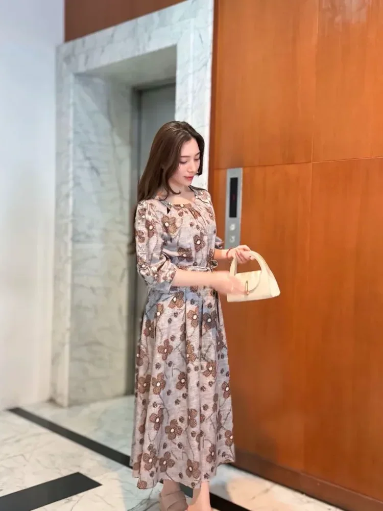 FADFAD Gaun lengan panjang model balon motif cetak unik dengan bentul leher u