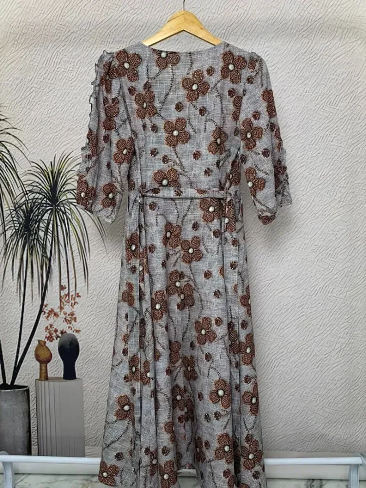 FADFAD Gaun lengan panjang model balon motif cetak unik dengan bentul leher u