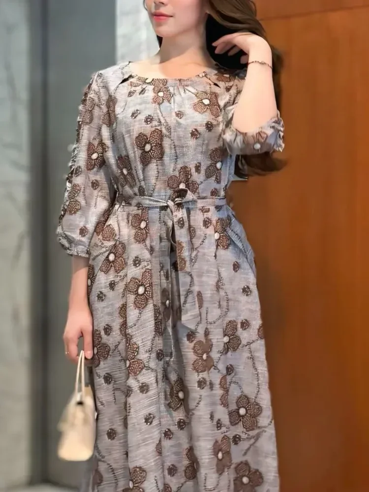 FADFAD Gaun lengan panjang model balon motif cetak unik dengan bentul leher u