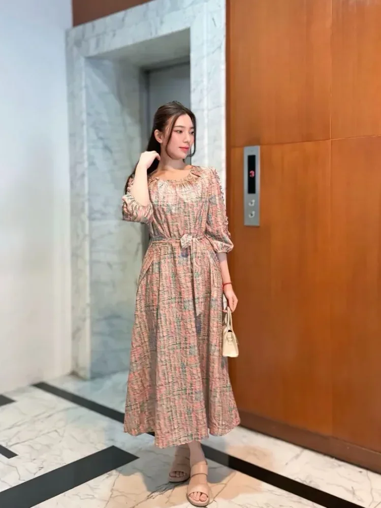 FADFAD Gaun lengan panjang model balon motif cetak unik dengan bentul leher u