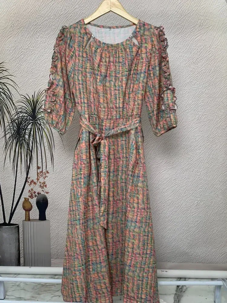 FADFAD Gaun lengan panjang model balon motif cetak unik dengan bentul leher u