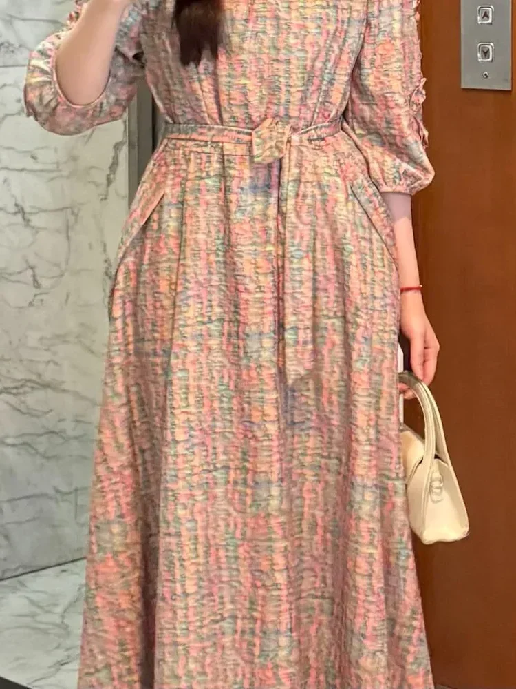 FADFAD Gaun lengan panjang model balon motif cetak unik dengan bentul leher u