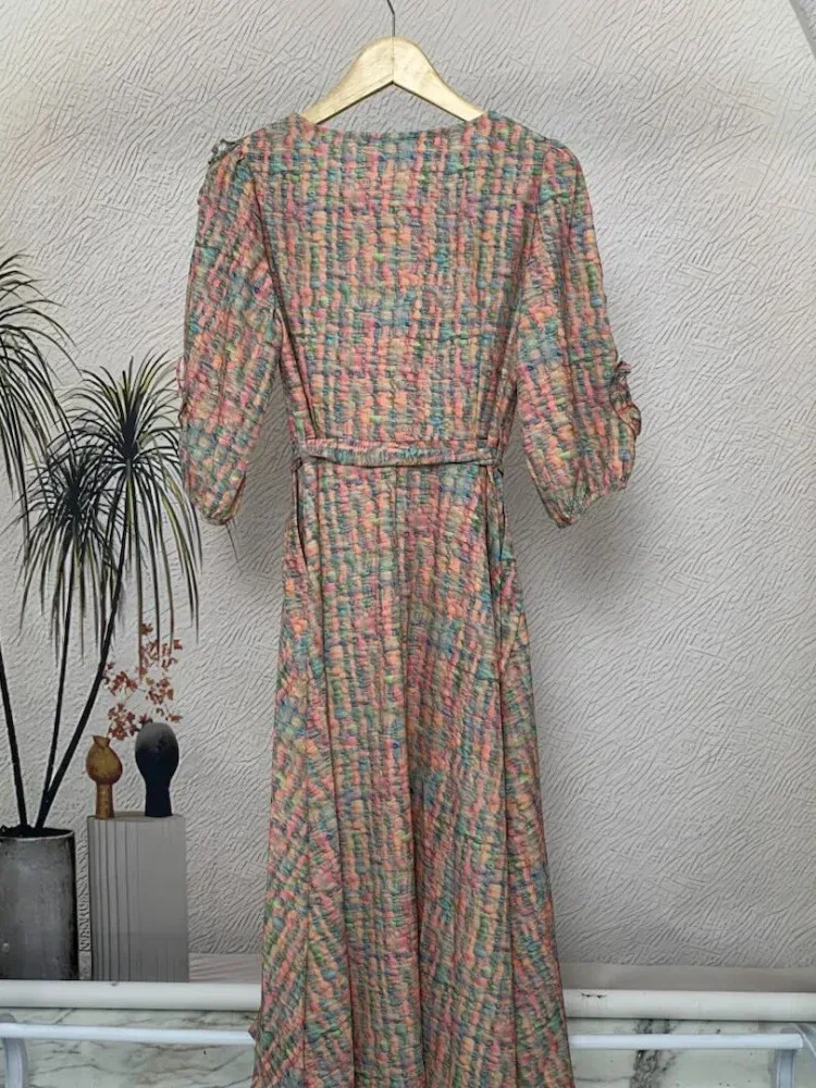 FADFAD Gaun lengan panjang model balon motif cetak unik dengan bentul leher u