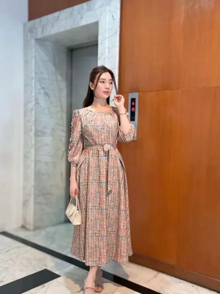 FADFAD Gaun lengan panjang model balon motif cetak unik dengan bentul leher u