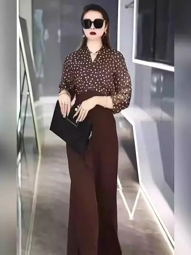 FADFAD Setelan lengan panjang motif polkadot + celana panjang dengan gaya kasual untuk wanita