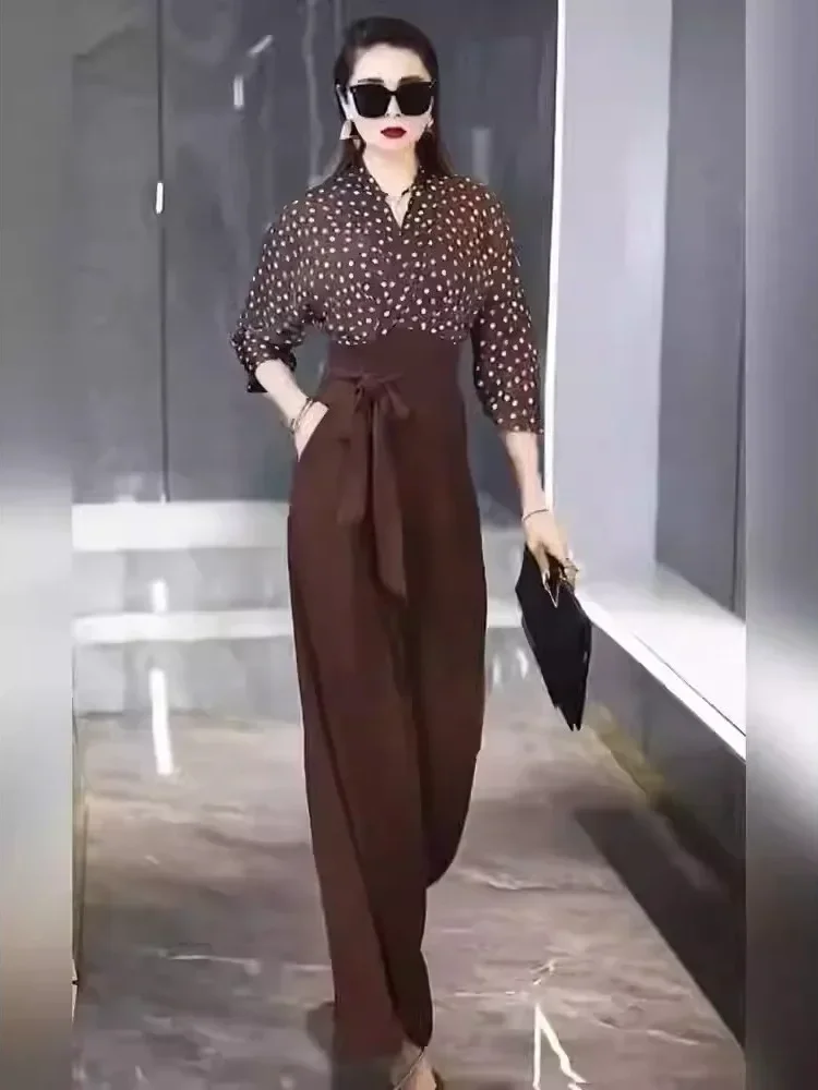 FADFAD Setelan lengan panjang motif polkadot + celana panjang dengan gaya kasual untuk wanita