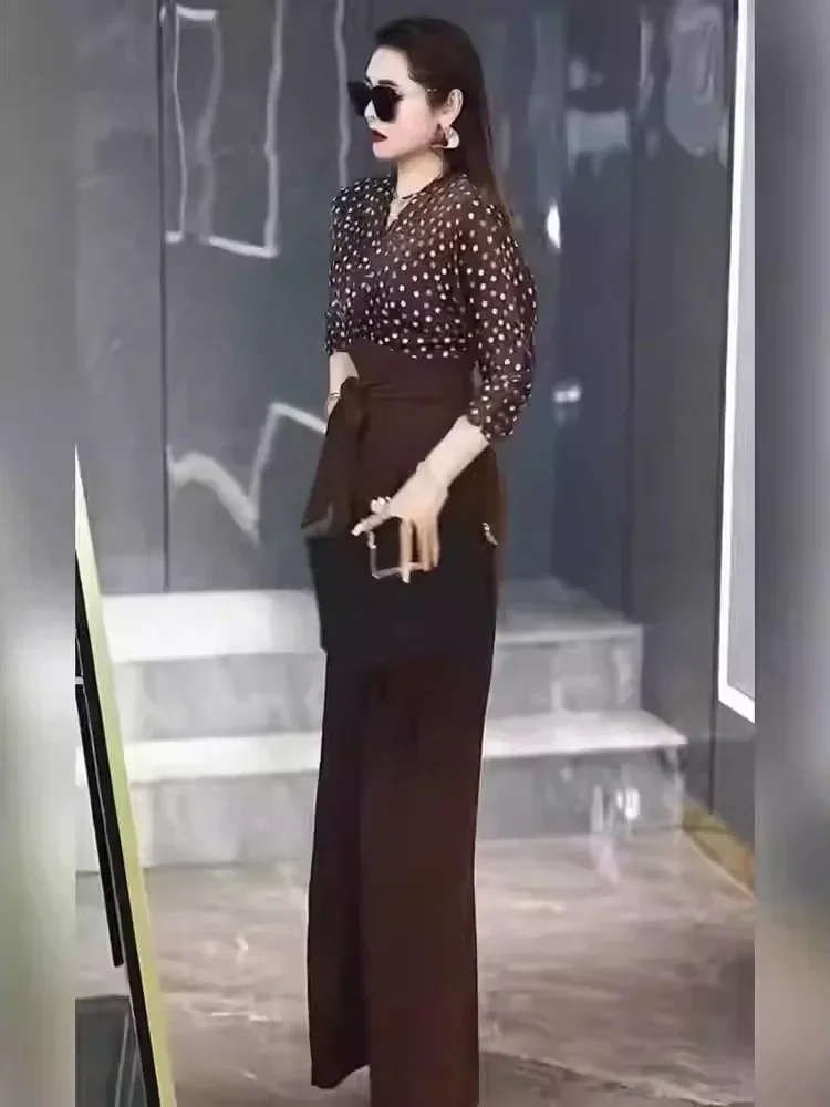 FADFAD Setelan lengan panjang motif polkadot + celana panjang dengan gaya kasual untuk wanita