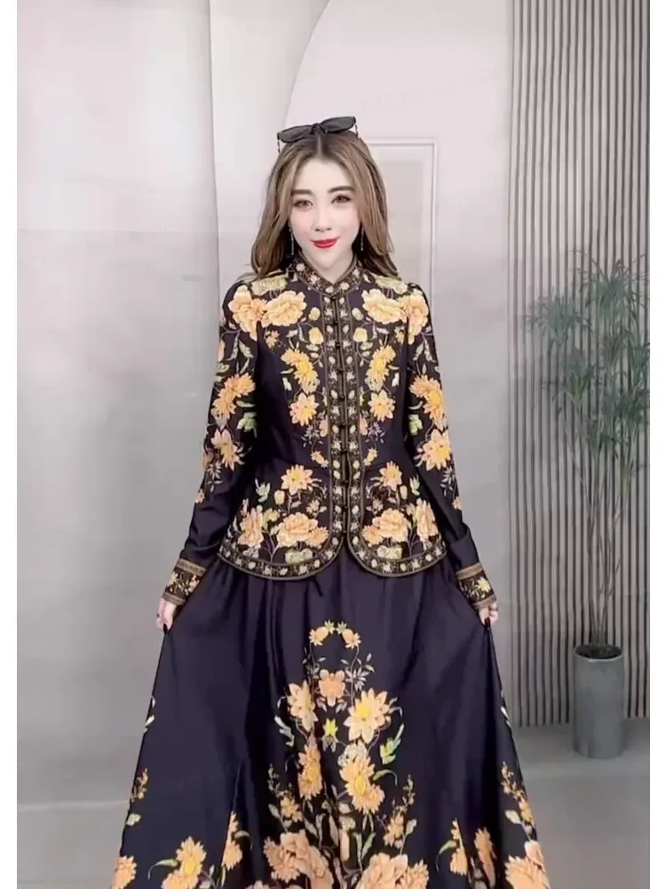 FADFAD Setelan wanita atasan kemeja gaya etnik baru dan rok panjang sedang