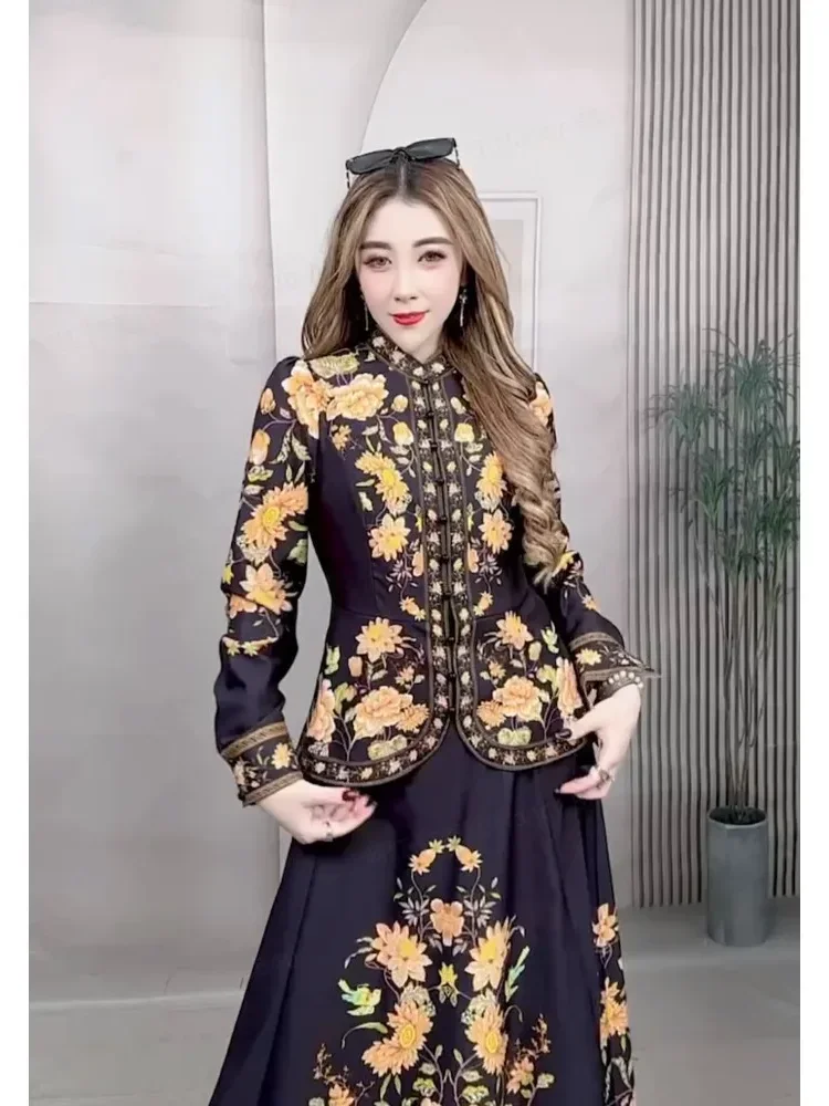 FADFAD Setelan wanita atasan kemeja gaya etnik baru dan rok panjang sedang