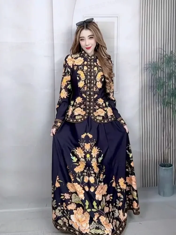 FADFAD Setelan wanita atasan kemeja gaya etnik baru dan rok panjang sedang