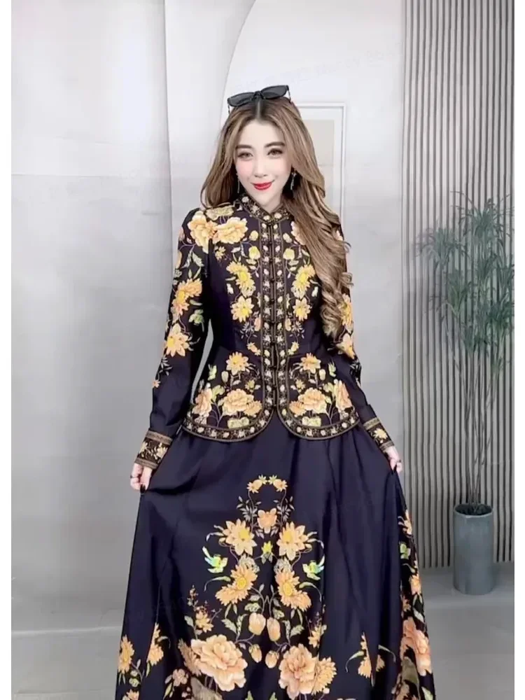 FADFAD Setelan wanita atasan kemeja gaya etnik baru dan rok panjang sedang