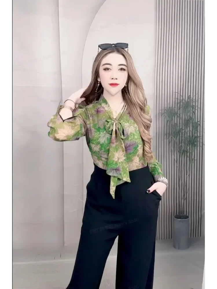 [DISKON KILAT]FADFAD Jumpsuit casual atasan motif cetak retro lengan panjang dan bawahan celana longgar