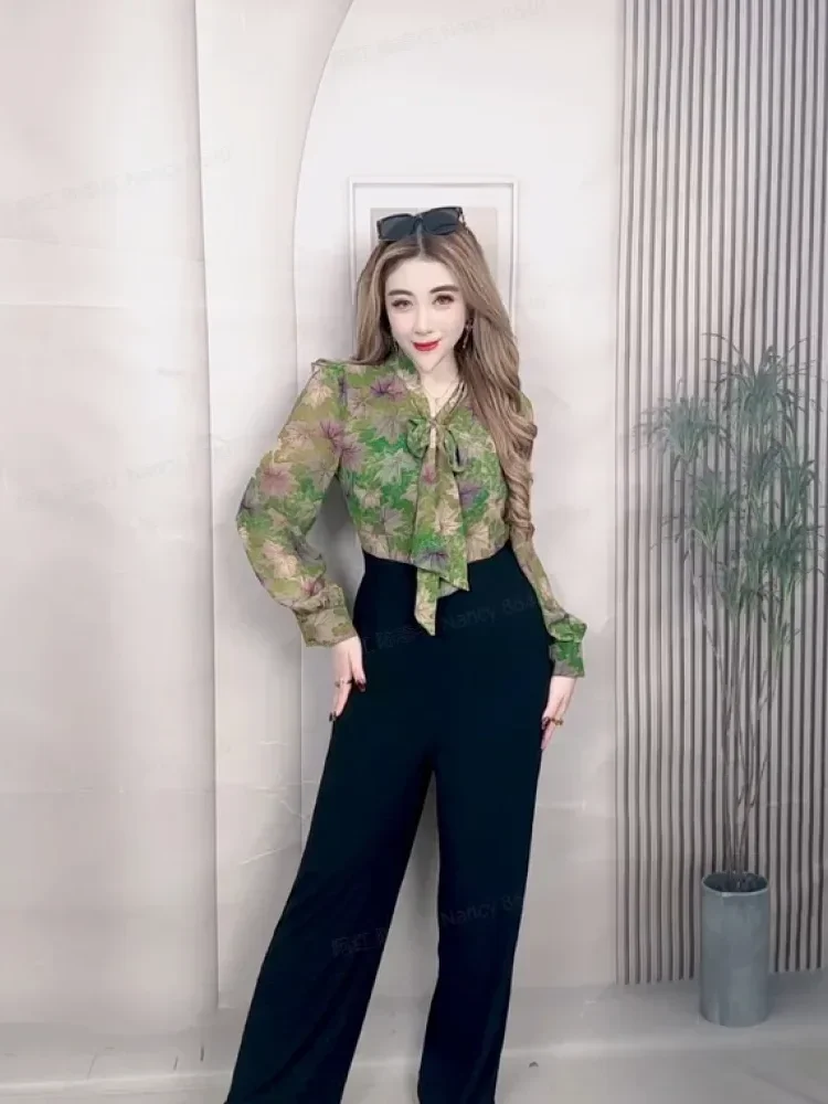 [DISKON KILAT]FADFAD Jumpsuit casual atasan motif cetak retro lengan panjang dan bawahan celana longgar