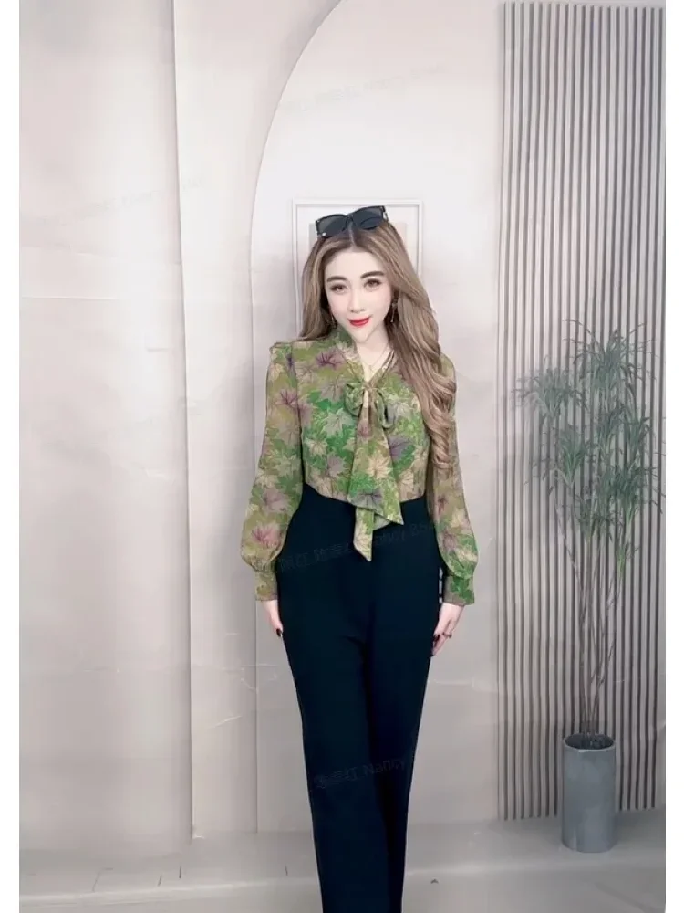 [DISKON KILAT]FADFAD Jumpsuit casual atasan motif cetak retro lengan panjang dan bawahan celana longgar