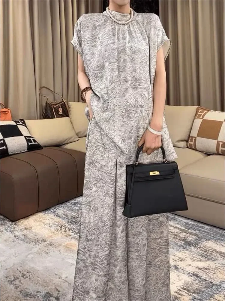 [DISKON KILAT]FADFAD Setelan wanita dua potong dengan atasan motif cetak unik terbaru + celana kekinian
