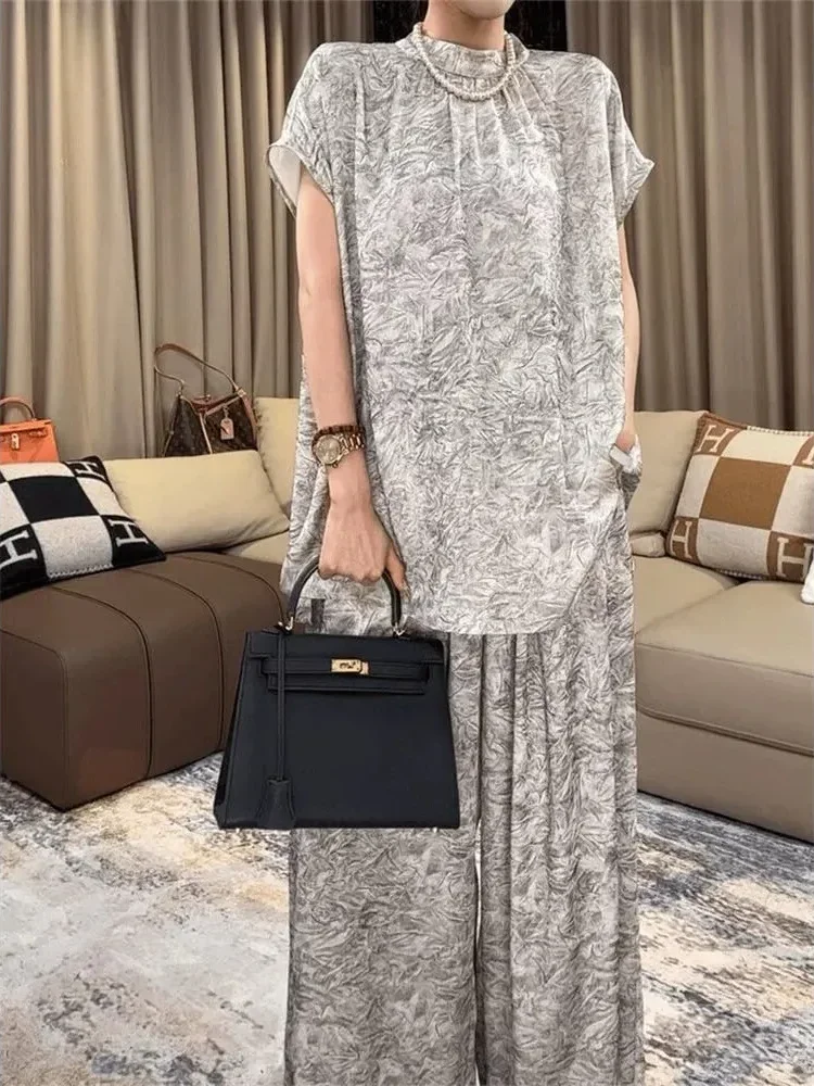 [DISKON KILAT]FADFAD Setelan wanita dua potong dengan atasan motif cetak unik terbaru + celana kekinian