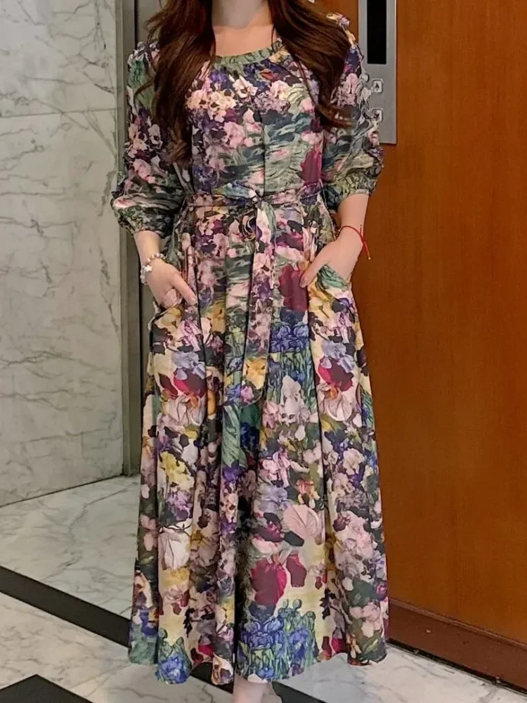 [READY STOCK]FADFAD Gaun lengan panjang model balon motif cetak unik dengan bentul leher u