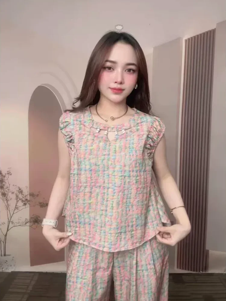 FADFAD Set dua potong: atasan bermotif tanpa lengan + celana bermotif kaki lebar