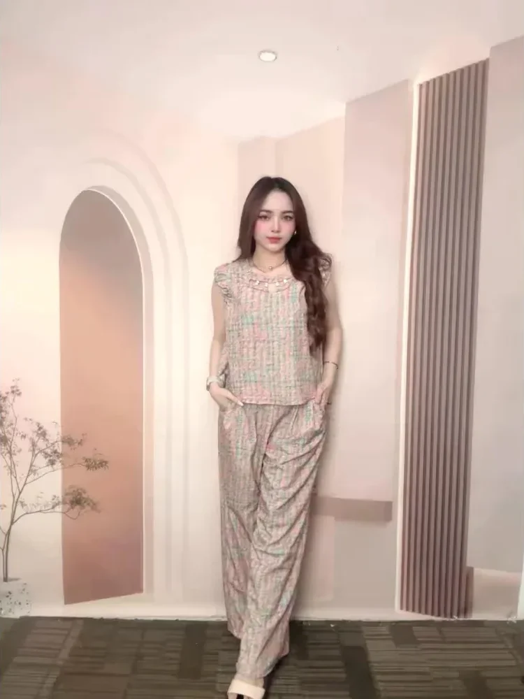 FADFAD Set dua potong: atasan bermotif tanpa lengan + celana bermotif kaki lebar