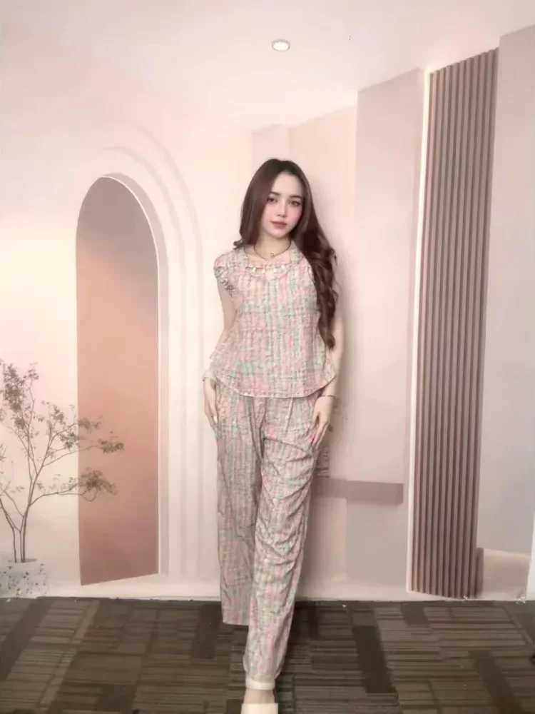 FADFAD Set dua potong: atasan bermotif tanpa lengan + celana bermotif kaki lebar