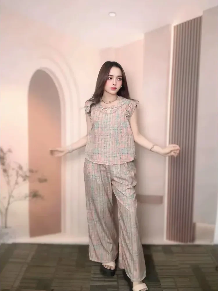 FADFAD Set dua potong: atasan bermotif tanpa lengan + celana bermotif kaki lebar