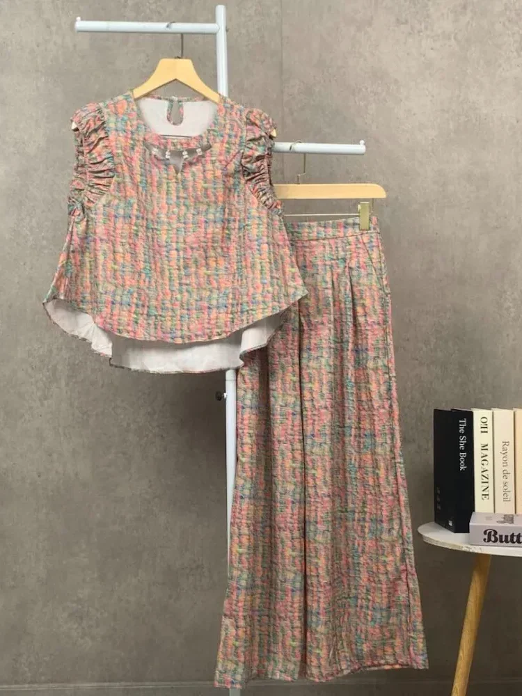 FADFAD Set dua potong: atasan bermotif tanpa lengan + celana bermotif kaki lebar