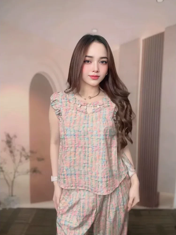 FADFAD Set dua potong: atasan bermotif tanpa lengan + celana bermotif kaki lebar