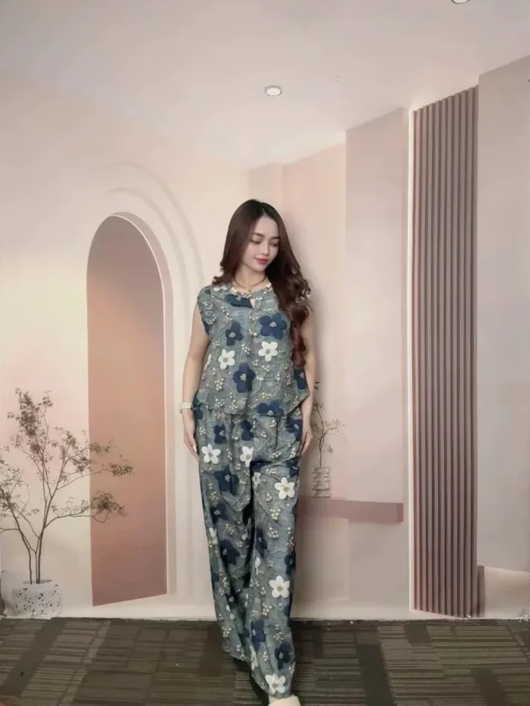 FADFAD Set dua potong: atasan bermotif tanpa lengan + celana bermotif kaki lebar