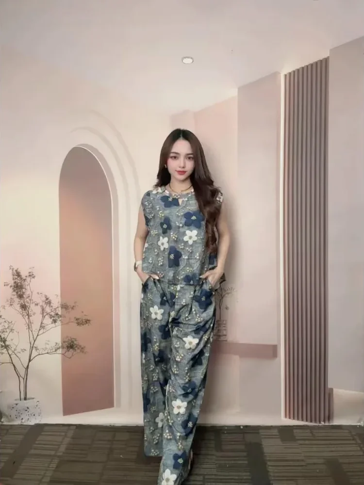 FADFAD Set dua potong: atasan bermotif tanpa lengan + celana bermotif kaki lebar