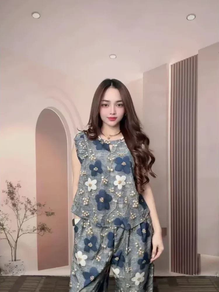 FADFAD Set dua potong: atasan bermotif tanpa lengan + celana bermotif kaki lebar