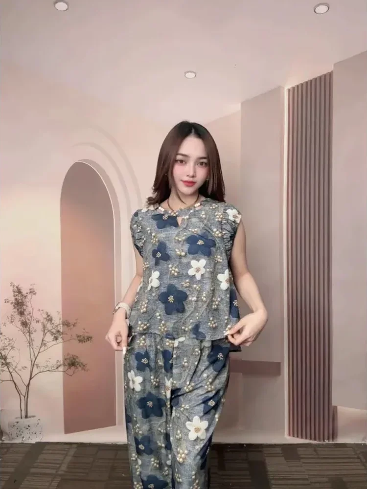 FADFAD Set dua potong: atasan bermotif tanpa lengan + celana bermotif kaki lebar