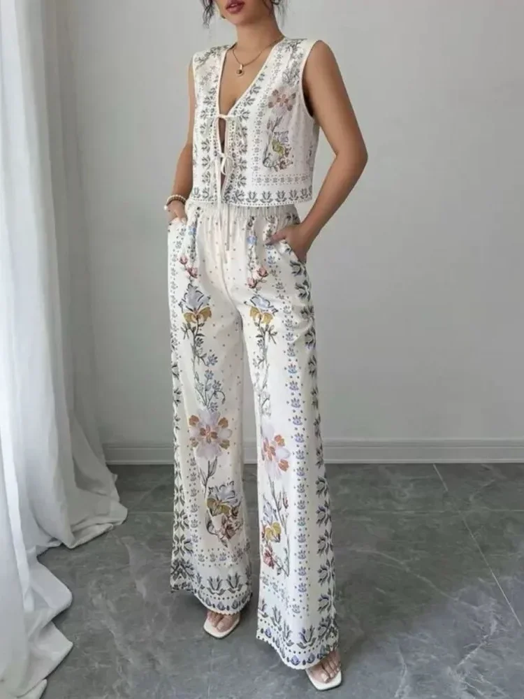 FADFAD Setelan wanita dua potong atasan rompi tanpa lengan dan celana panjang kaki lebar motif bunga
