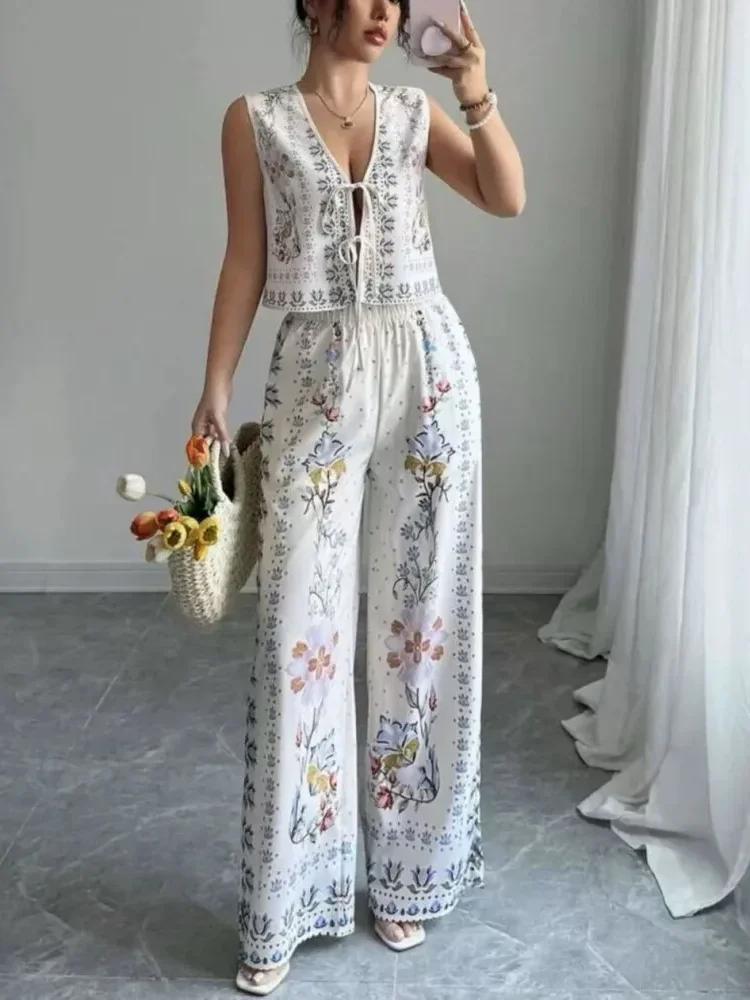 FADFAD Setelan wanita dua potong atasan rompi tanpa lengan dan celana panjang kaki lebar motif bunga