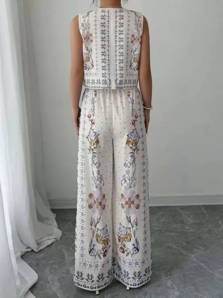 FADFAD Setelan wanita dua potong atasan rompi tanpa lengan dan celana panjang kaki lebar motif bunga