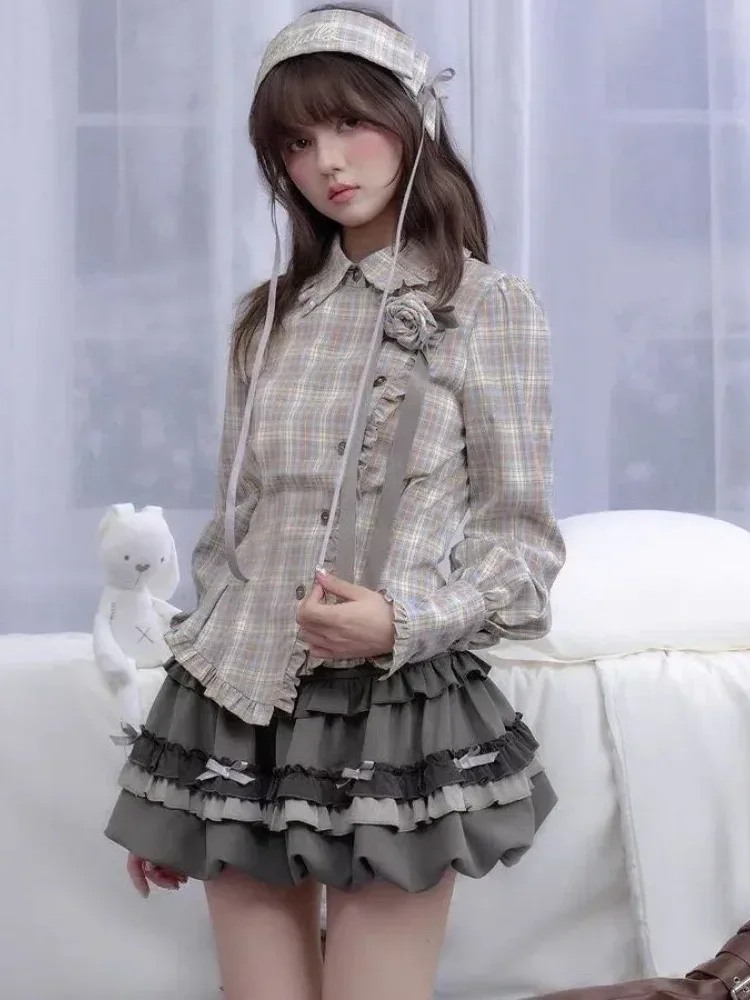 [DISKON KILAT]FADFAD Atasan kemeja longgar lengan panjang motif kotak-kotak vintage detail baru gaya korea