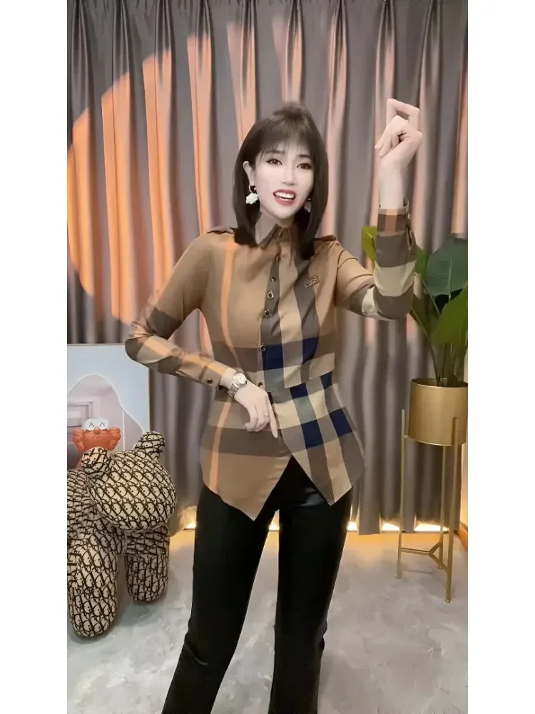 FADFAD Atasan kemeja lengan panjang bermotif untuk wanita gaya retro