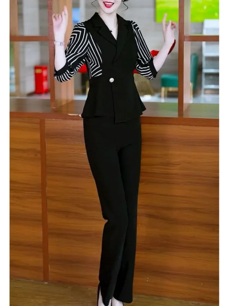 FADFAD Setelan wanita atasan lengan tiga perempat dengan erah v neck dan celana panjang warna solid gaya casual