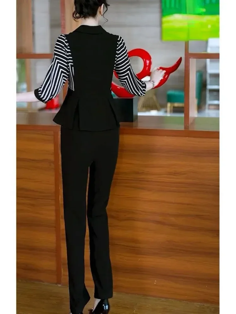 FADFAD Setelan wanita atasan lengan tiga perempat dengan erah v neck dan celana panjang warna solid gaya casual