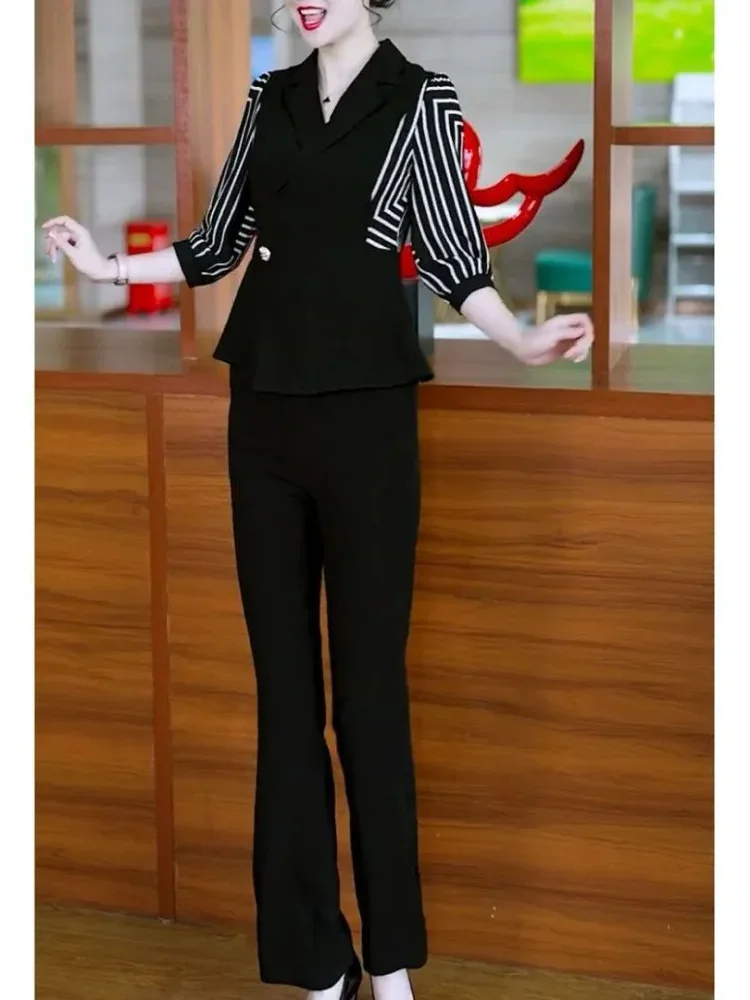 FADFAD Setelan wanita atasan lengan tiga perempat dengan erah v neck dan celana panjang warna solid gaya casual