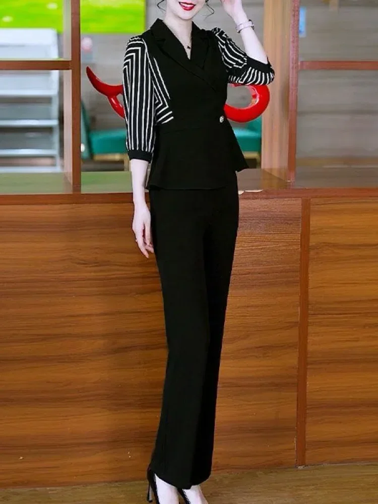 FADFAD Setelan wanita atasan lengan tiga perempat dengan erah v neck dan celana panjang warna solid gaya casual