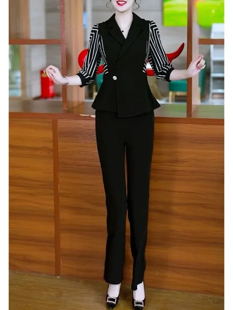 FADFAD Setelan wanita atasan lengan tiga perempat dengan erah v neck dan celana panjang warna solid gaya casual