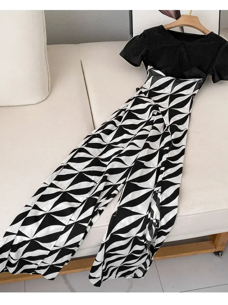 [DISKON KILAT]FADFAD Jumpsuit wanita motif kontras warna cetak berlengan pendek gaya kasual