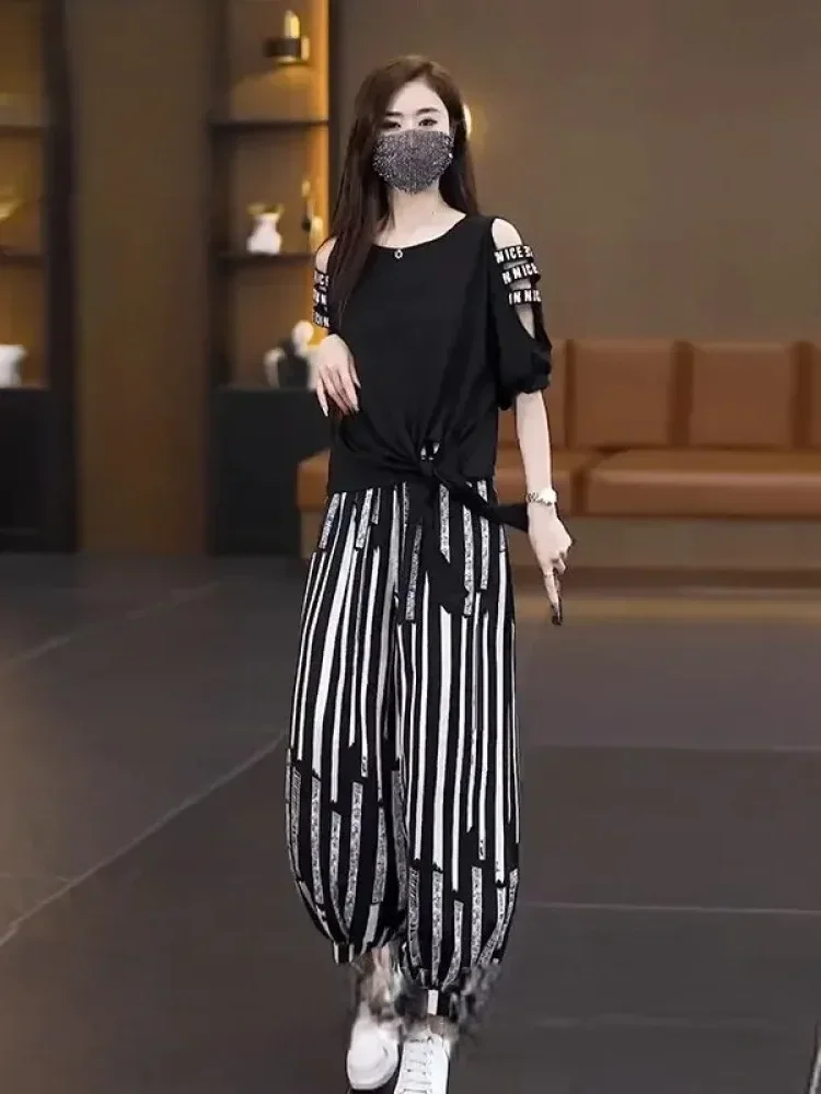 [READY STOCK]FADFAD Setelan dua potong atasan off shoulder untuk wanita lengan pendek dan celana panjang motif print gaya casual elegant